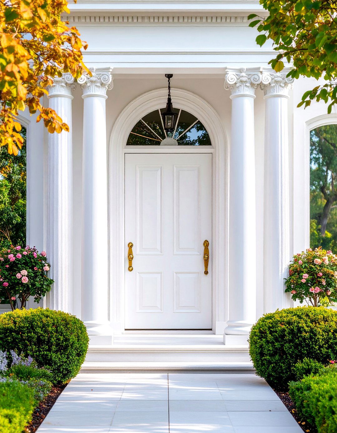 Greek Revival White Front Door with Ionic Columns - 25 White Front Door Ideas
