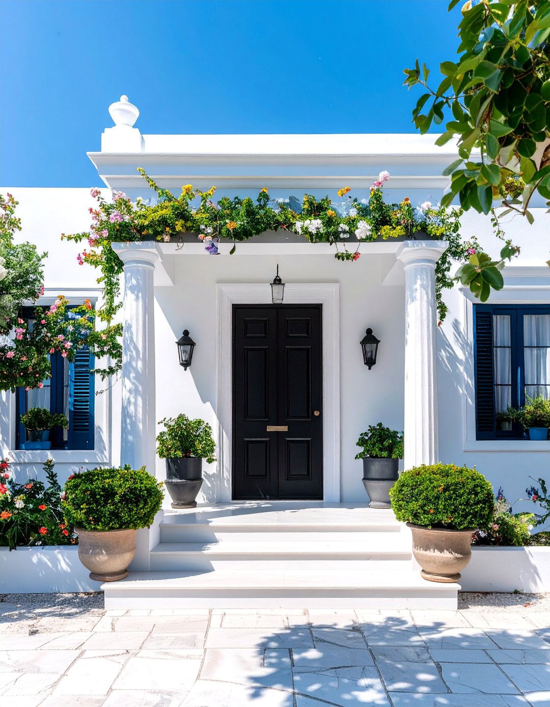 Greek Revival with Black Colonnade - 25 single story white house black trim