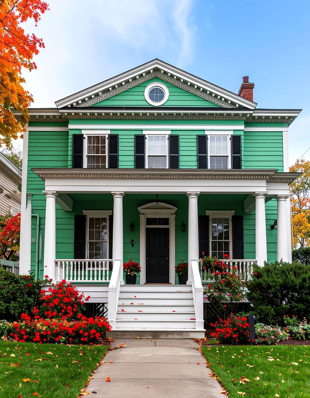 Greek Revival with Black Columned Portico - 25 Sage Green House With Black Door