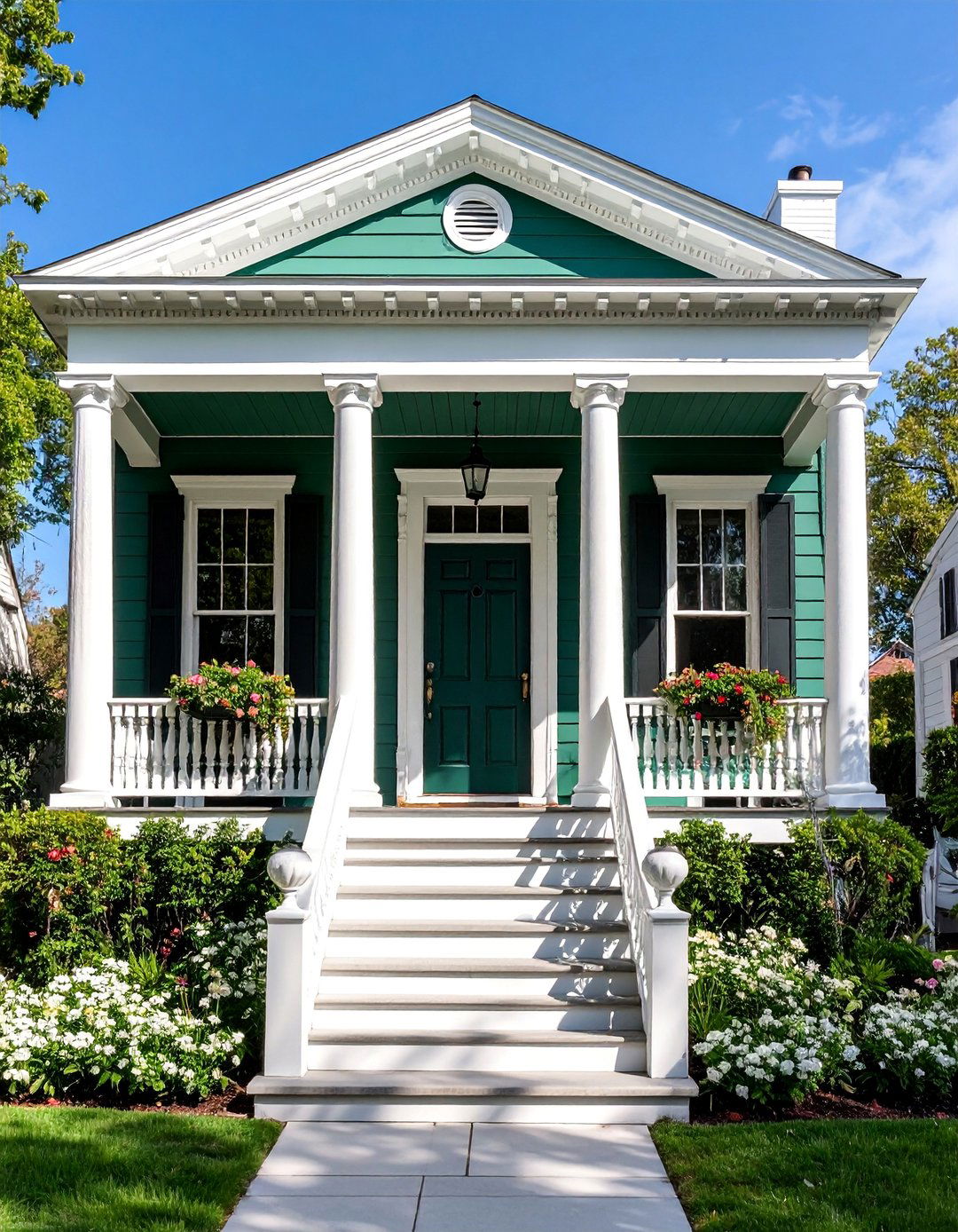 Greek Revival with Deep Green Columns - 25 Dark Green Exterior Ideas