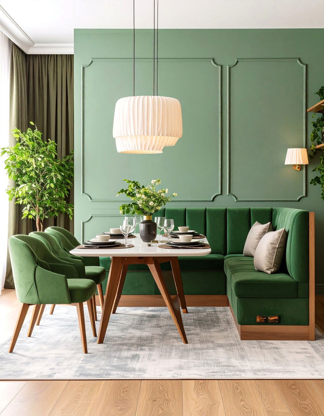 Green Banquette Seating Design with Built in Storage - 25 Green Dining Room Ideas