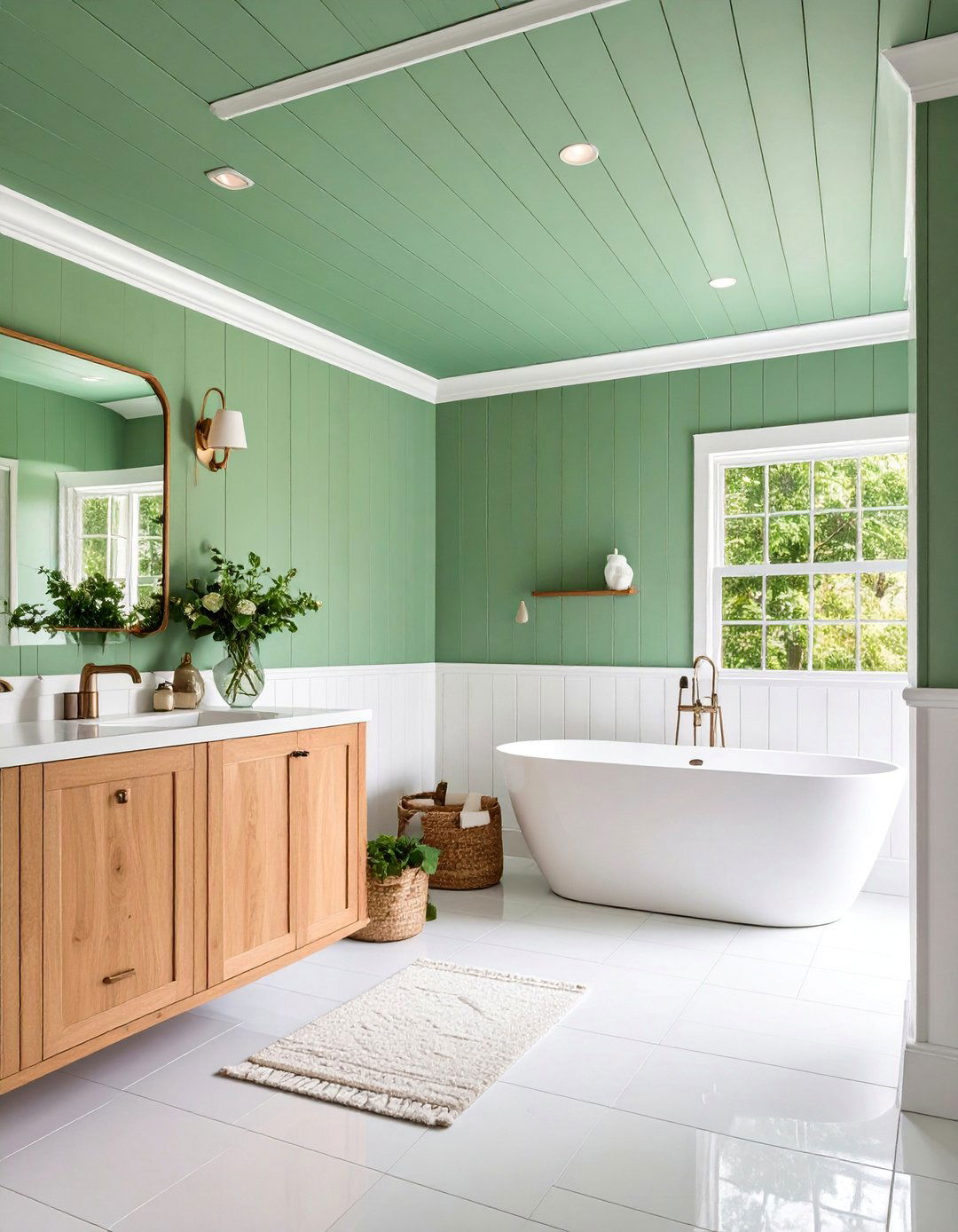 Green Beadboard Ceiling with White Wainscoting - 25 Green Ceiling Ideas