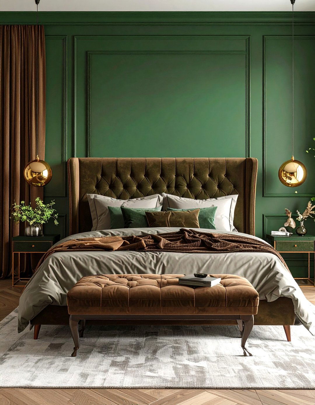 Green Bedroom with Brown Velvet and Luxurious Textures - 25 Green and Brown Bedroom Ideas