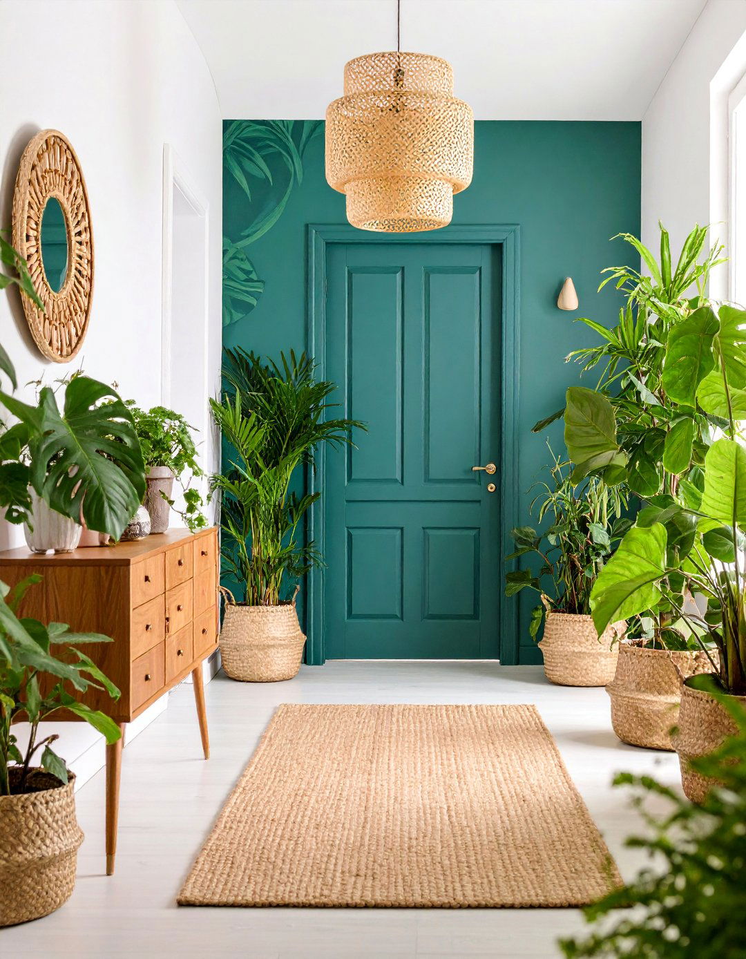 Green Botanical Wallpaper Hallway with Natural Elements - 25 Green Hallway Ideas