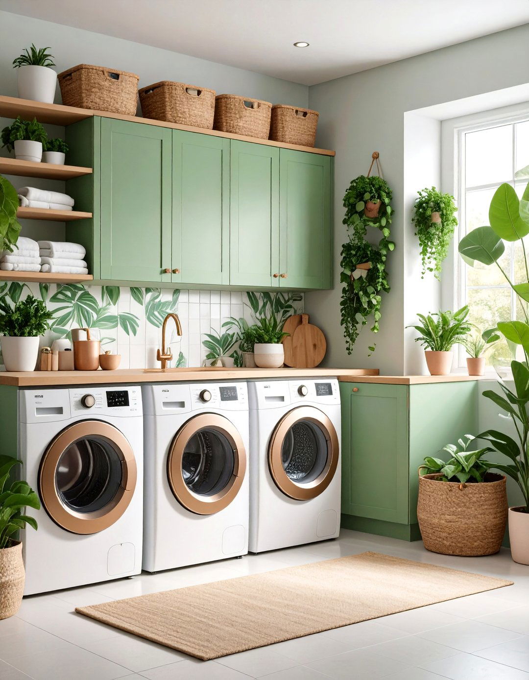 Green Botanical with Plant Themed Wallpaper - 25 Green Laundry Room Ideas