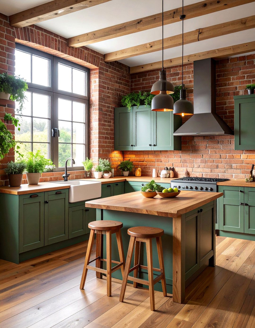 Green Cabinets with Brown Brick Backsplash and Wood Countertops - 25 Green and Brown Kitchen Ideas