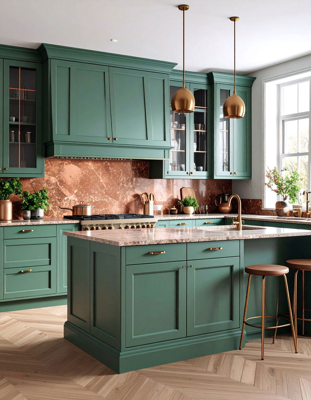 Green Cabinets with Brown Granite and Copper Backsplash - 25 Green and Brown Kitchen Ideas