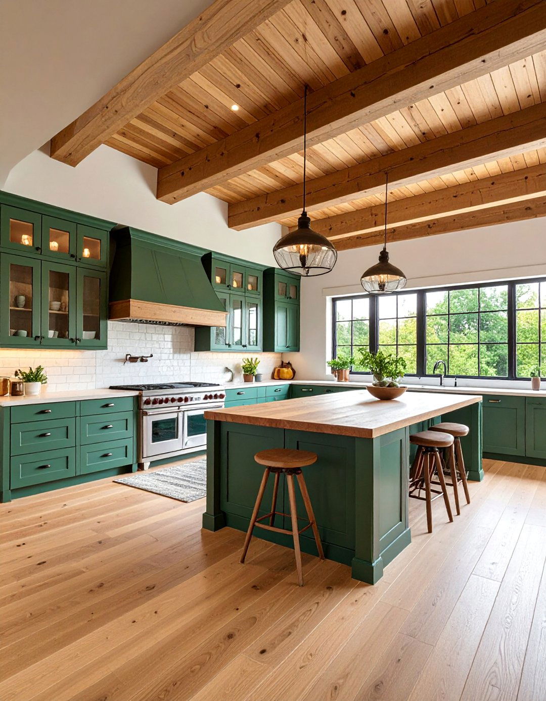 Green Cabinets with Brown Wood Ceiling and Exposed Beams - 25 Green and Brown Kitchen Ideas