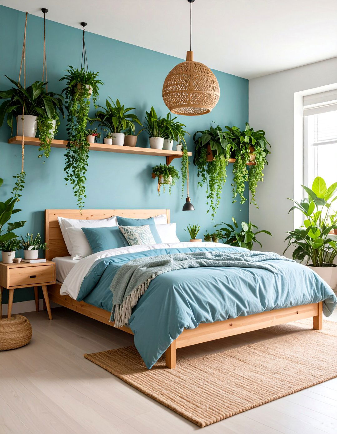 Green Floating Shelf Sanctuary - 25 Green Boho Bedroom Ideas