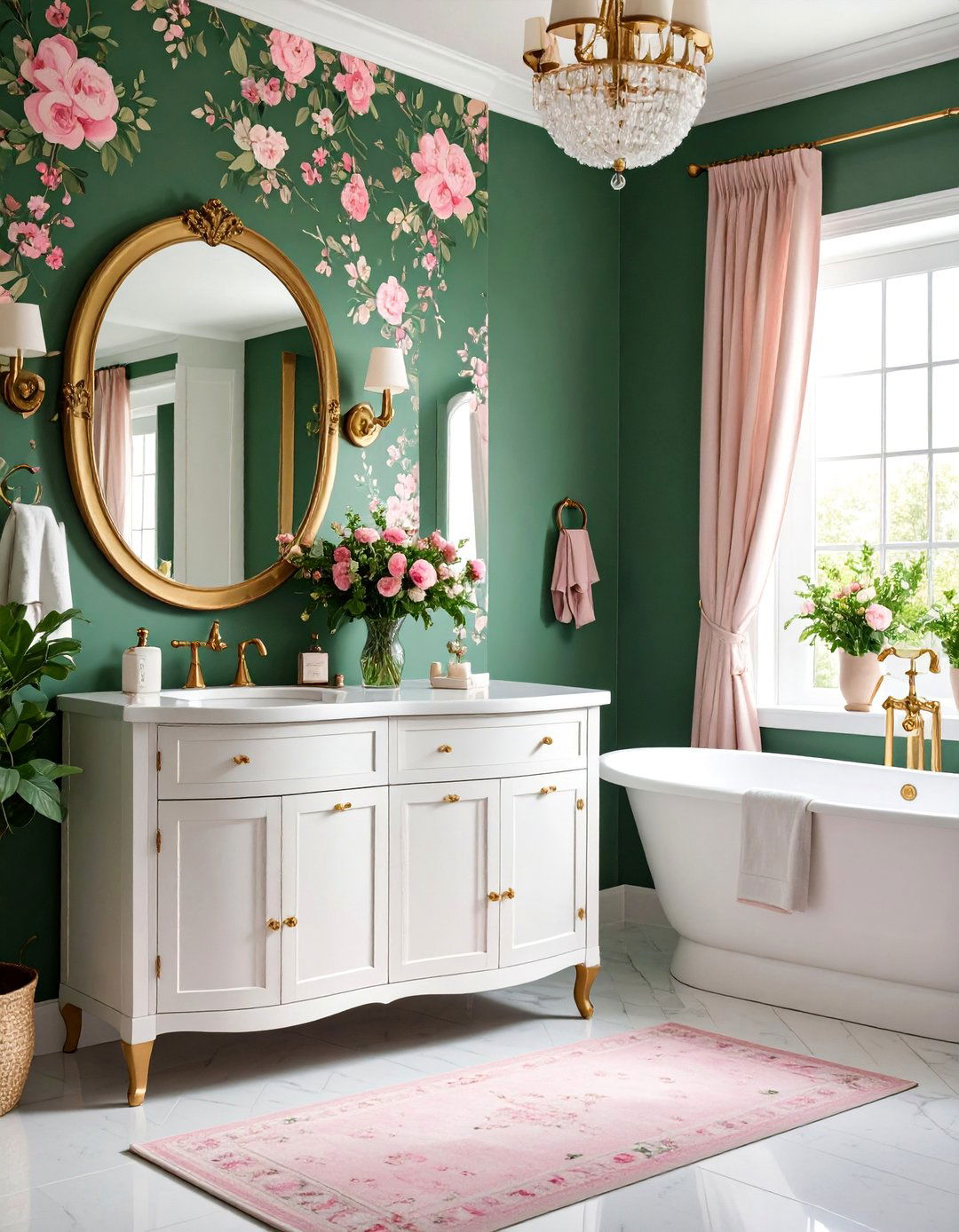 Green Floral Wallpaper Powder Room with Pink Accents - 25 Green Powder Room Ideas