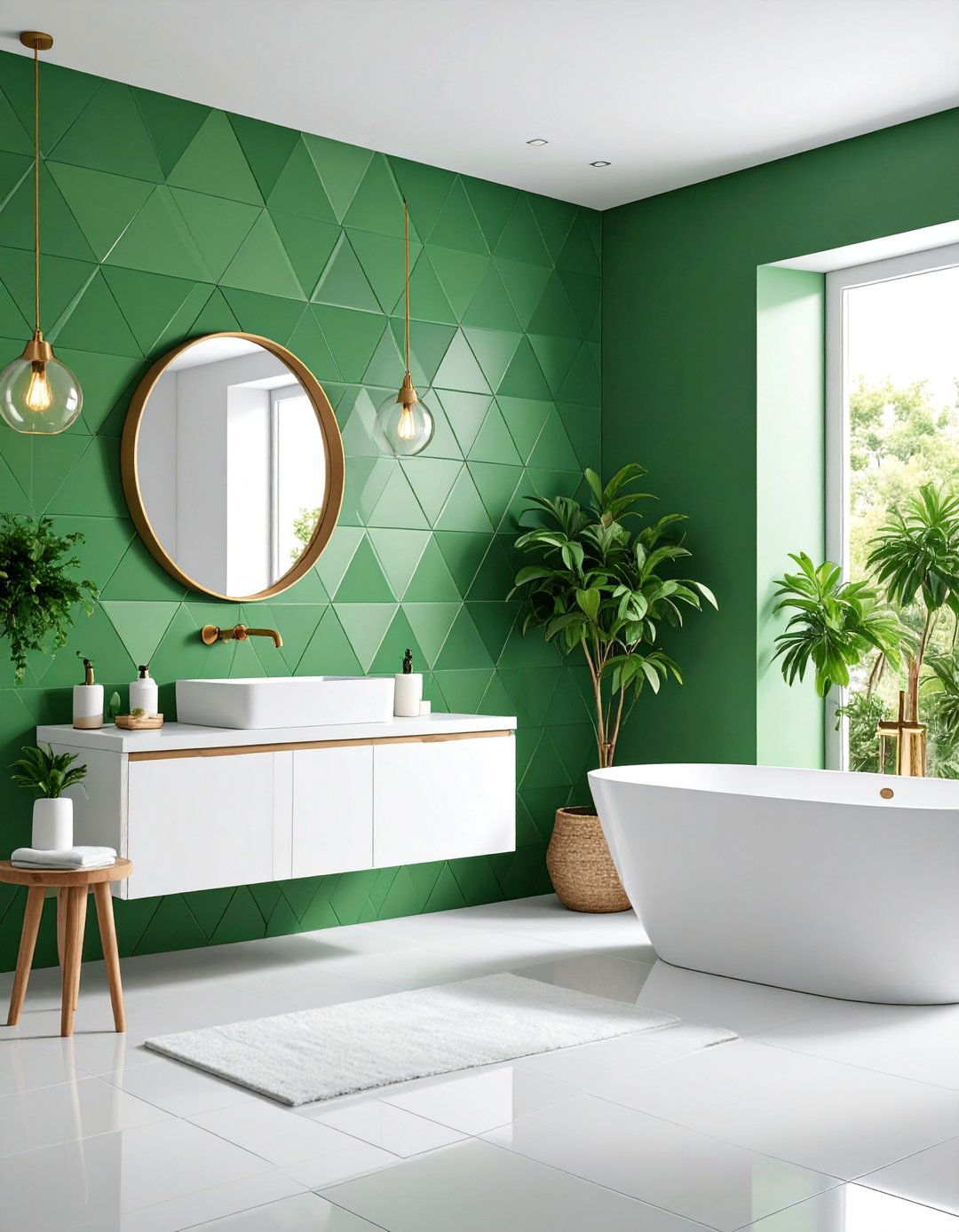 Green Geometric Tile Pattern Statement Wall - 25 Green Tile Bathroom Ideas
