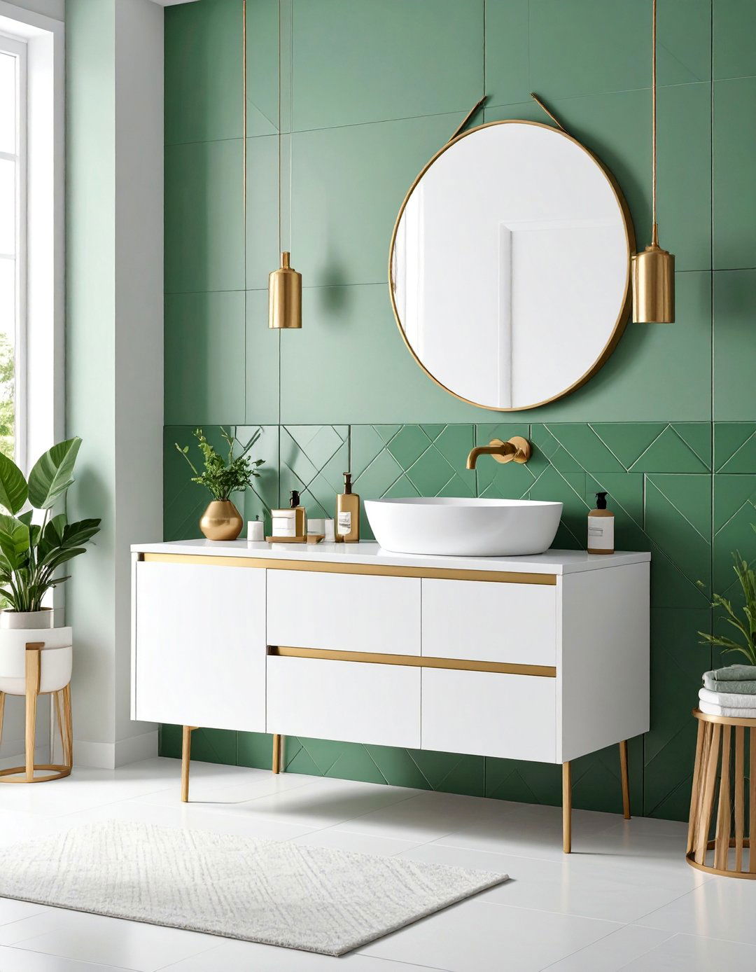Green Geometric Tile Powder Room with Gold Hardware - 25 Green Powder Room Ideas