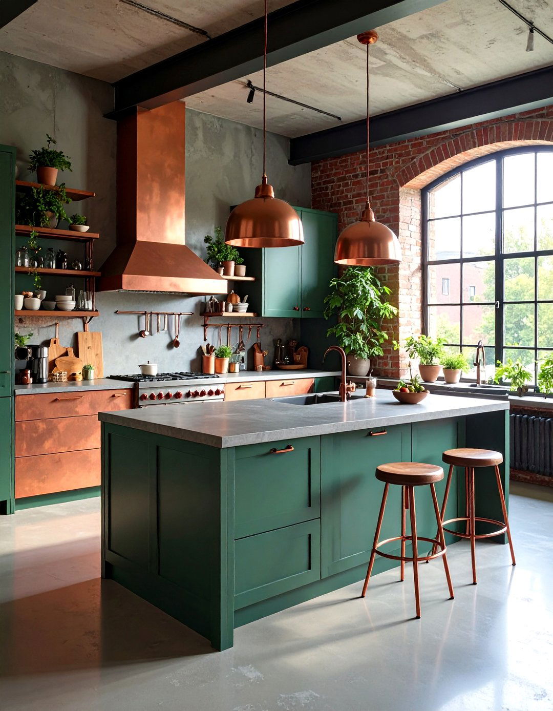 Green Kitchen Island with Copper Shelving - 25 Green and Copper Kitchen Ideas