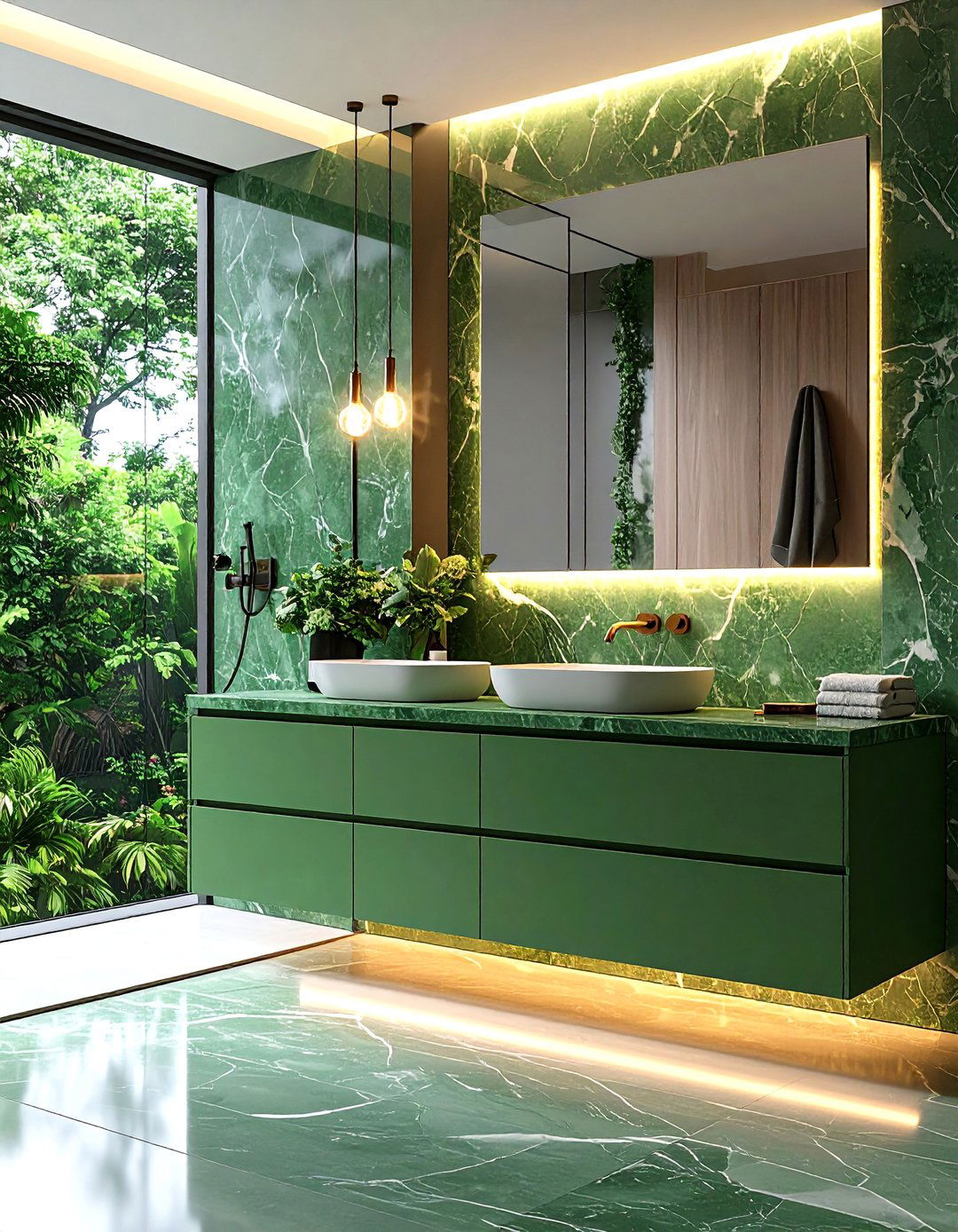 Green Marble Bathroom Floating Vanity with LED Backlighting - 25 Green Marble Countertop Design Ideas