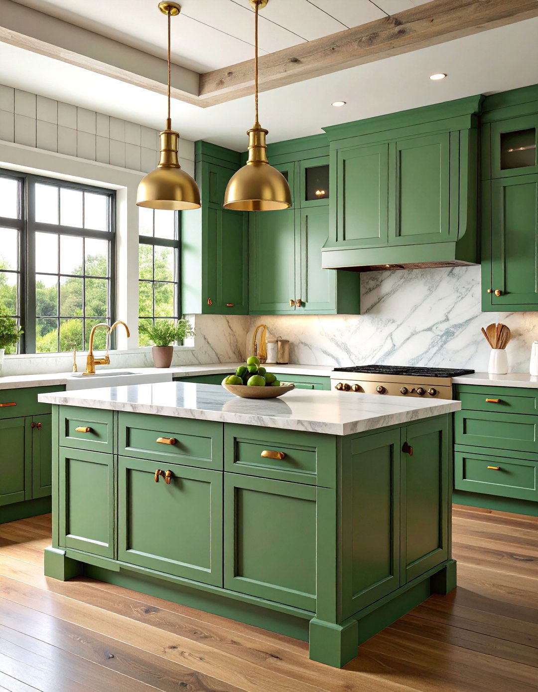 Green Marble Farmhouse Kitchen with Shiplap and Brass Details - 25 Green Marble Countertop Design Ideas