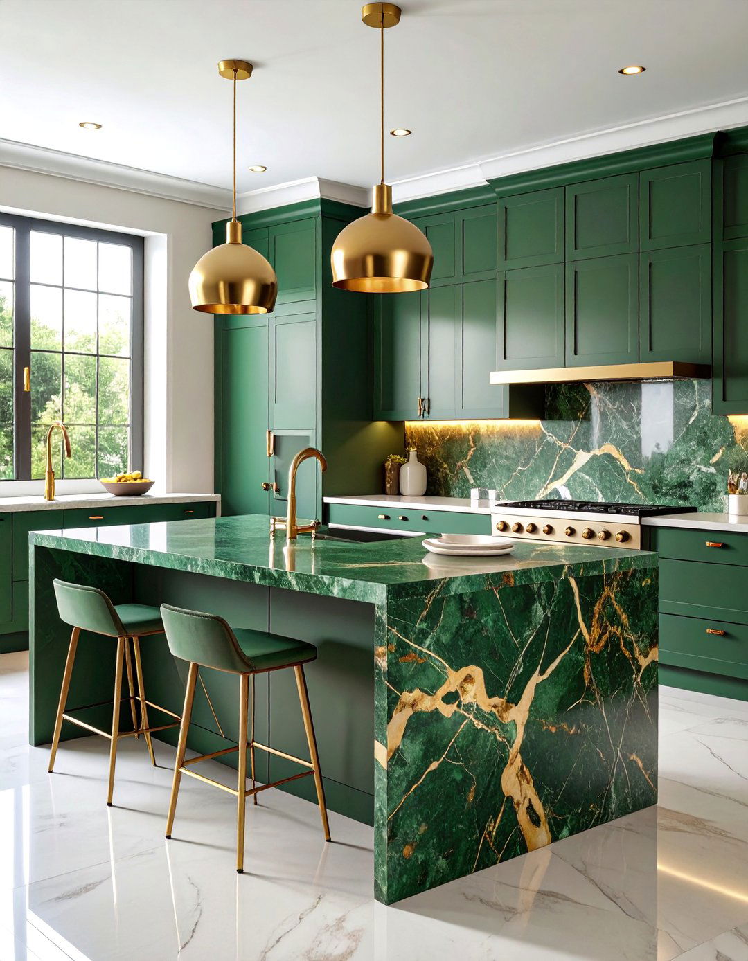 Green Marble Island with Brass Inlays - 25 Marble Kitchen Island Ideas