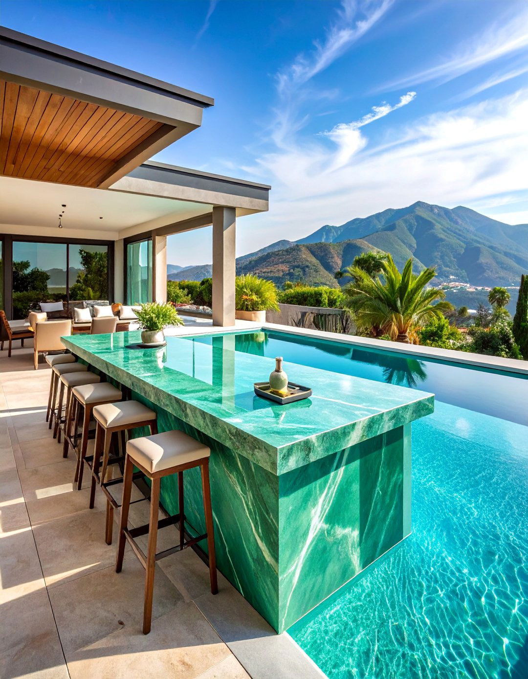 Green Marble Pool House Bar with Outdoor Entertainment Features - 25 Green Marble Countertop Design Ideas