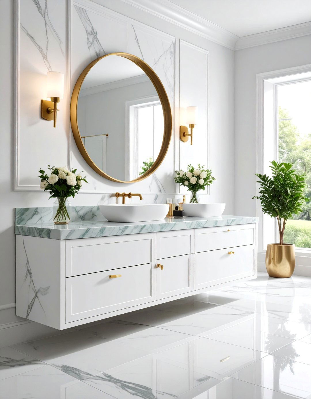 Green Marble Vanity Powder Room with Brass Mirror - 25 Green Powder Room Ideas