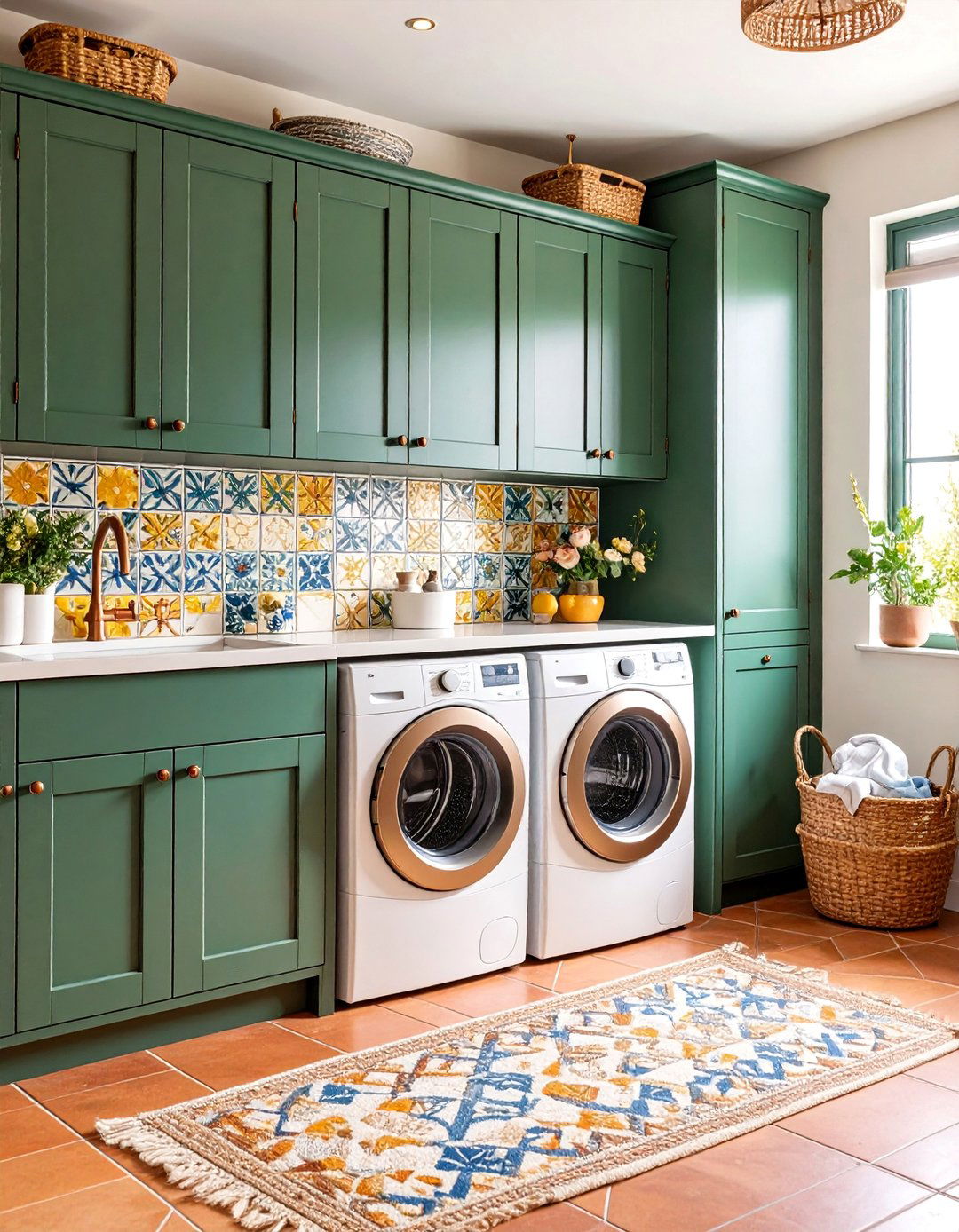 Green Mediterranean with Terracotta Elements - 25 Green Laundry Room Ideas