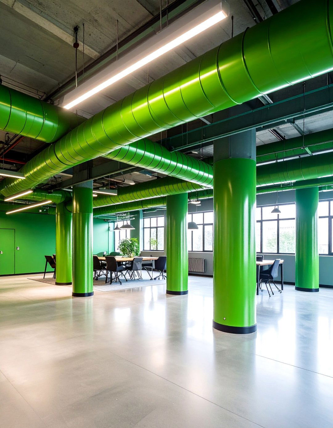 Green Painted Exposed Ductwork in Modern Loft - 25 Green Ceiling Ideas