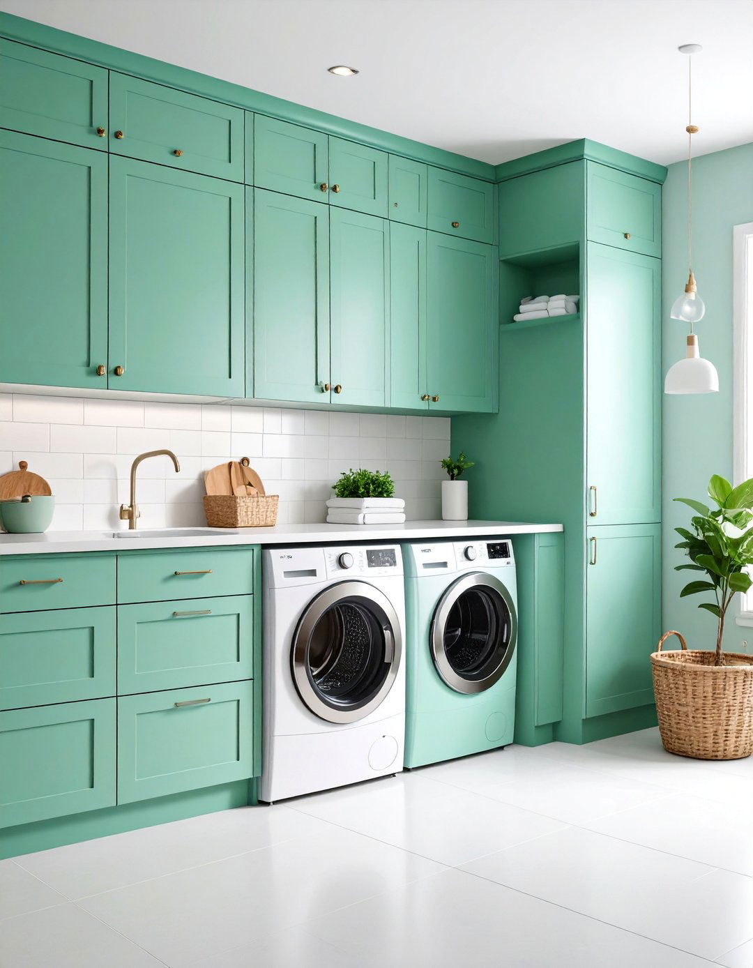 Green Pantry Combination with Floor to Ceiling Cabinets - 25 Green Laundry Room Ideas