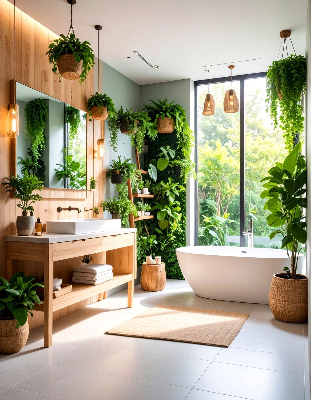 Green Plant Bathroom with Living Wall Elements - 25 Scandinavian Bathroom Ideas