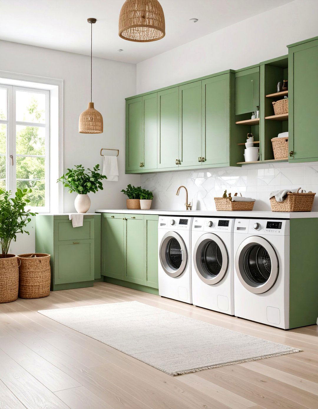 Green Scandinavian with Light Wood Accents - 25 Green Laundry Room Ideas