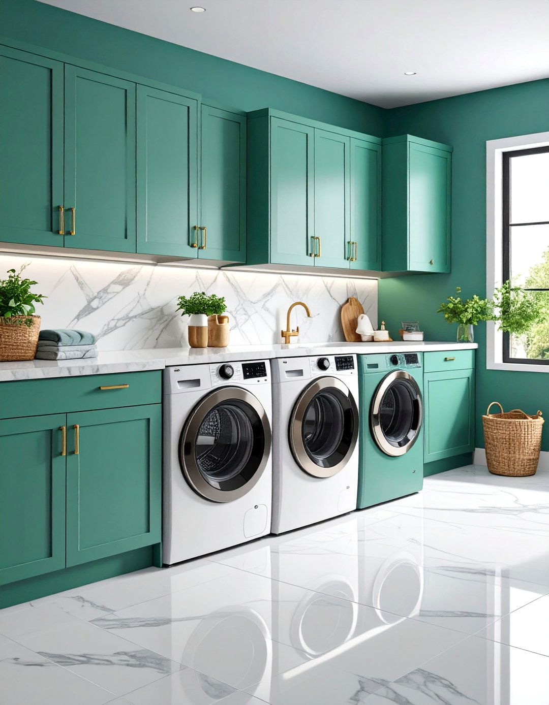 Green Transitional with Mixed Textures - 25 Green Laundry Room Ideas
