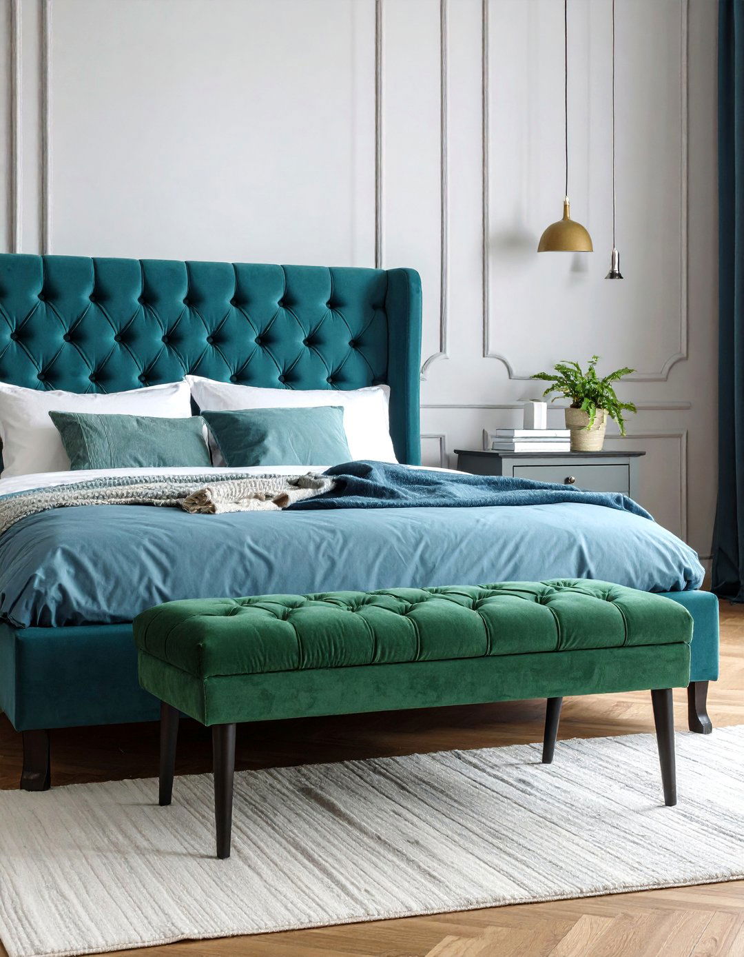 Green Tufted Bench with Black Metal Legs - 25 Black and Green Bedroom Design Ideas