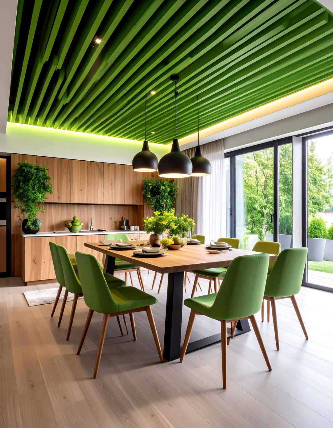 Green Wood Slat Ceiling with Integrated LED Lighting - 25 Green Ceiling Ideas