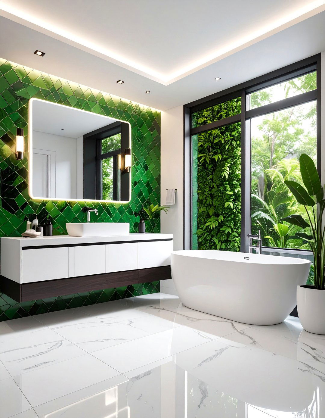 Green and Black Geometric Floor Tiles - 25 black, white and green bathroom ideas