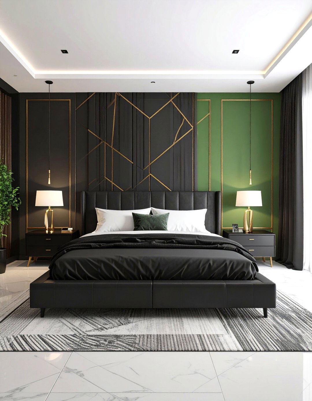 Green and Black Geometric Modern Minimalism - 25 Black and Green Bedroom Design Ideas