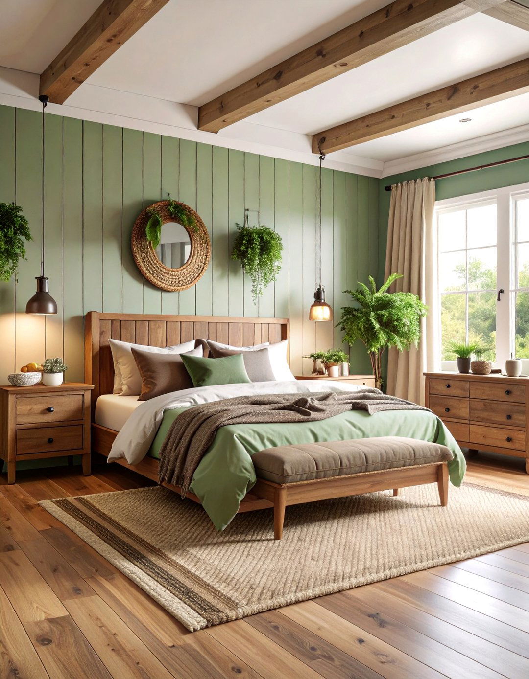 Green and Brown Farmhouse Bedroom with Shiplap - 25 Green and Brown Bedroom Ideas