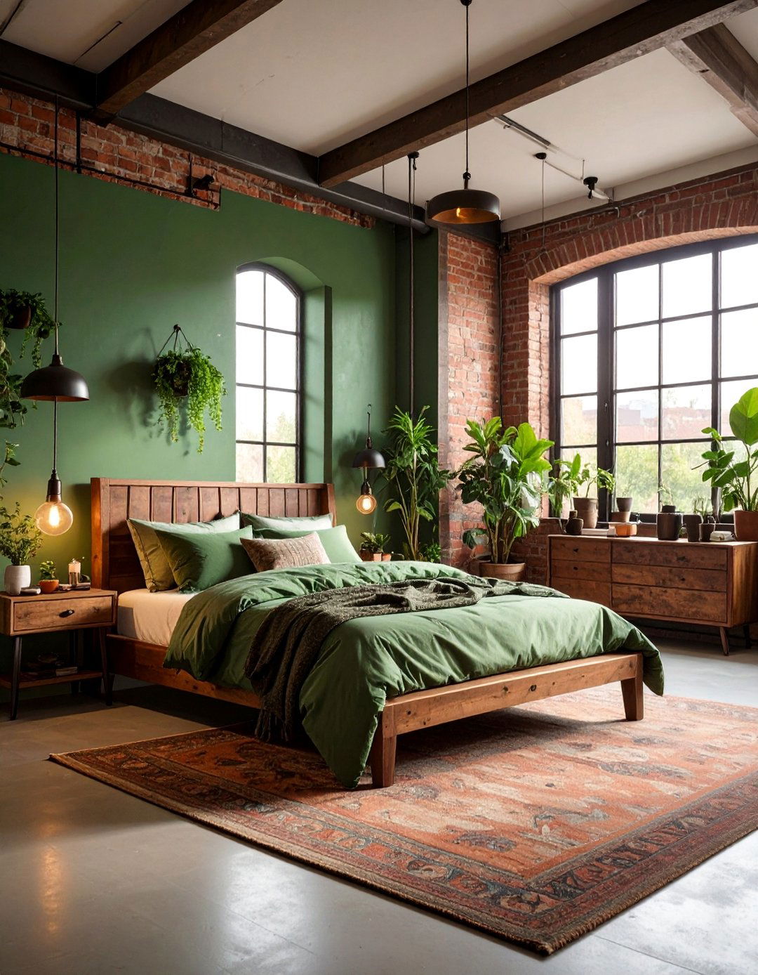 Green and Brown Industrial Bedroom with Exposed Elements - 25 Green and Brown Bedroom Ideas