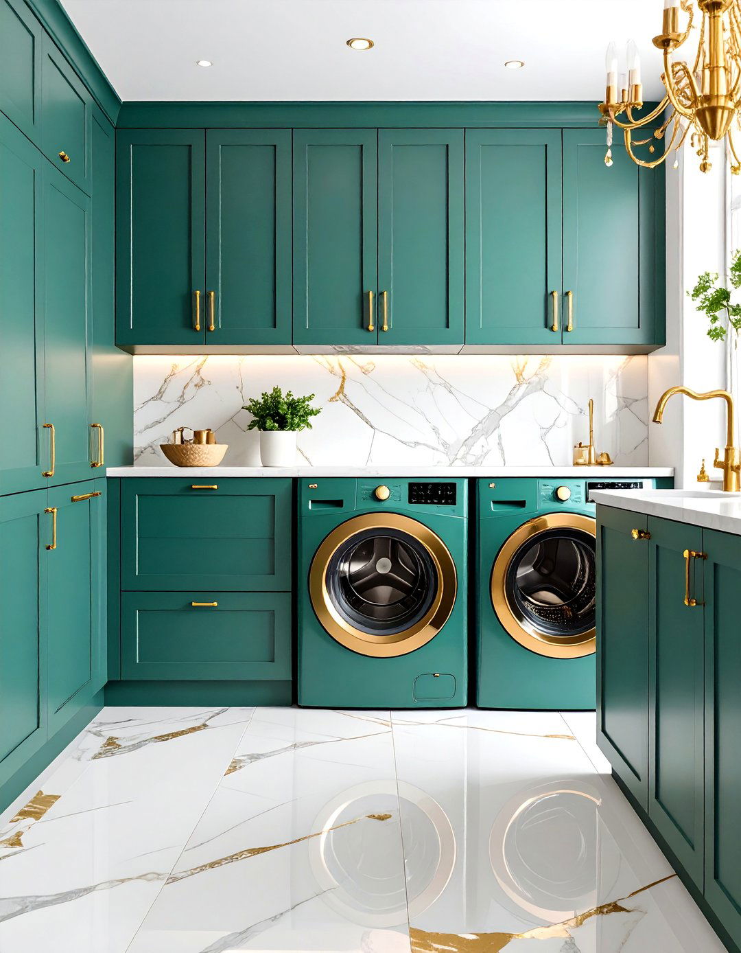 Green and Gold Glamorous with Mixed Metals - 25 Green Laundry Room Ideas