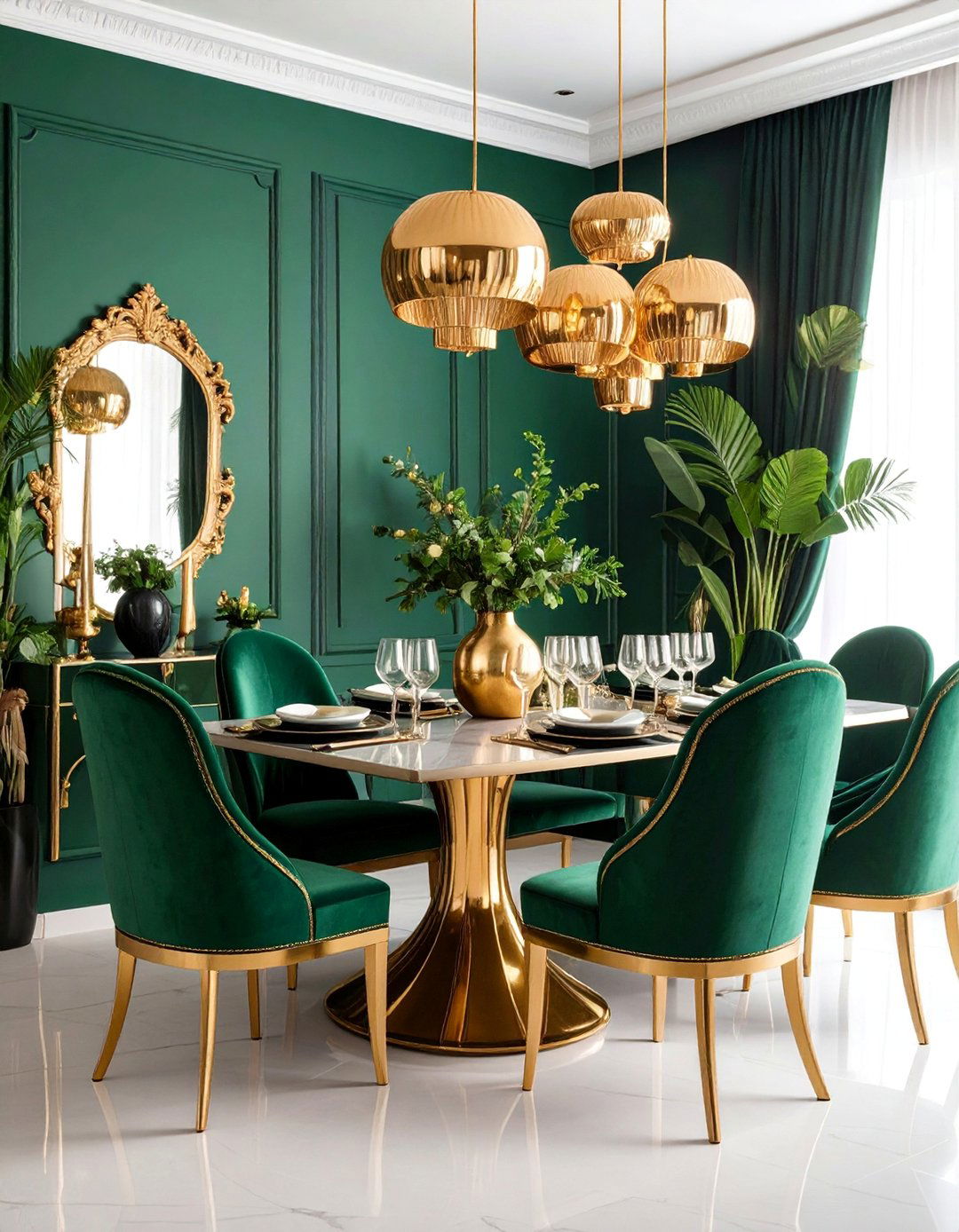 Green and Gold Luxurious Dining with Metallic Accents - 25 Green Dining Room Ideas