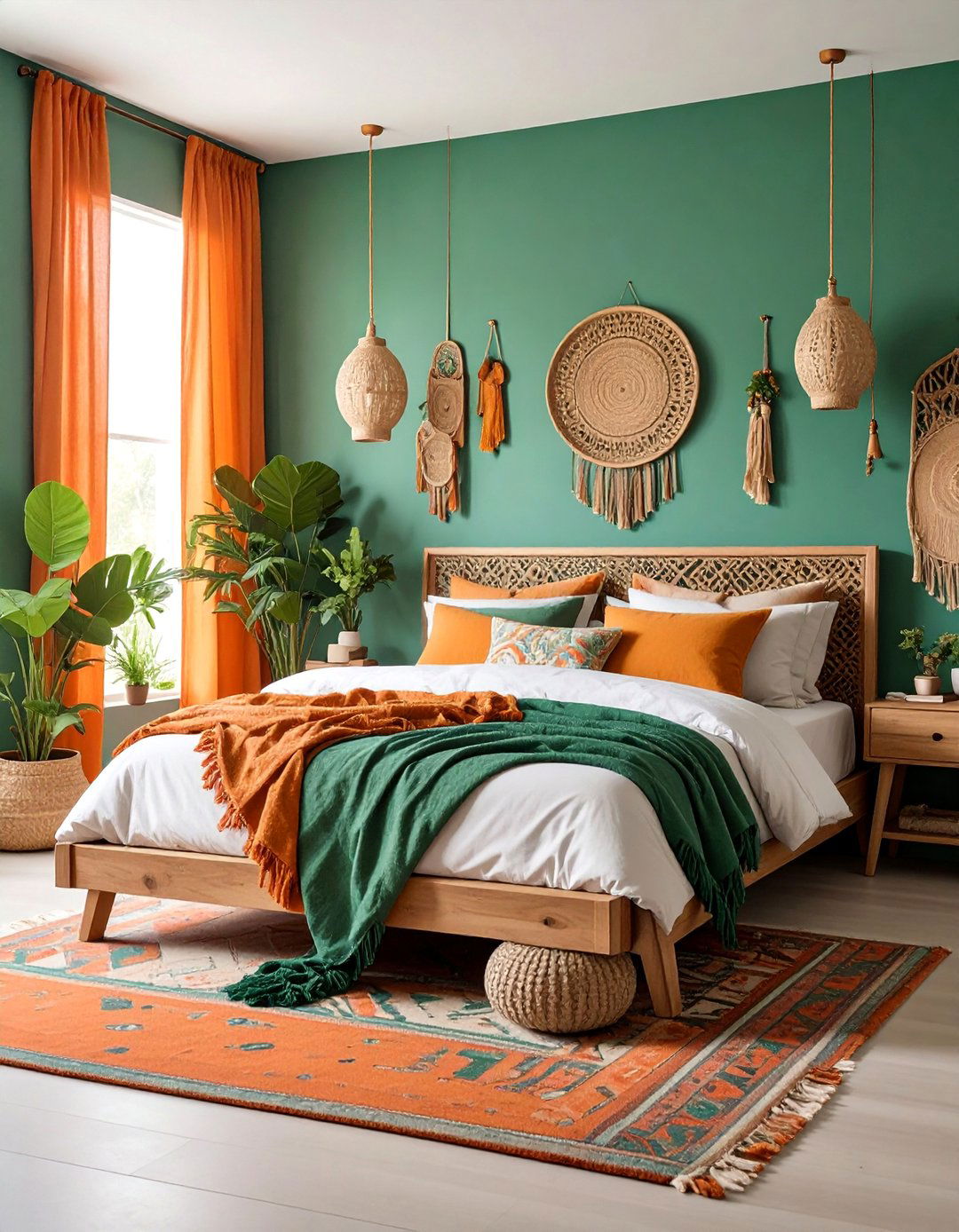 Green and Orange Vibrant Boho - 25 Green Boho Bedroom Ideas