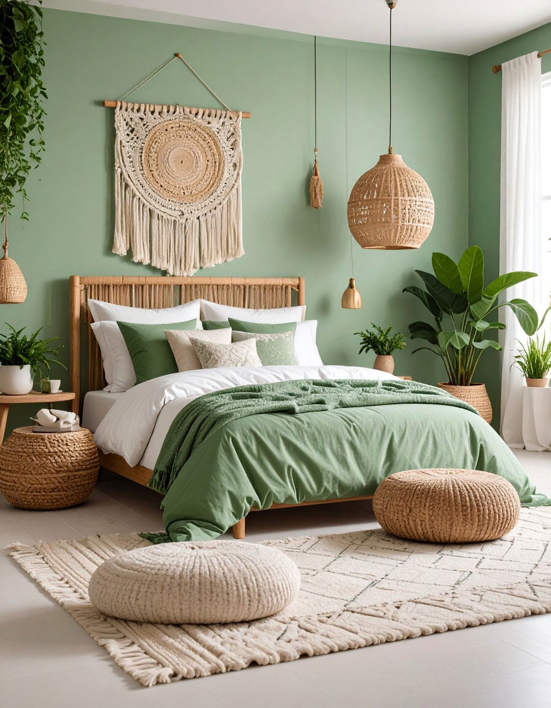 Green and White Fresh Boho Room - 25 Green Boho Bedroom Ideas