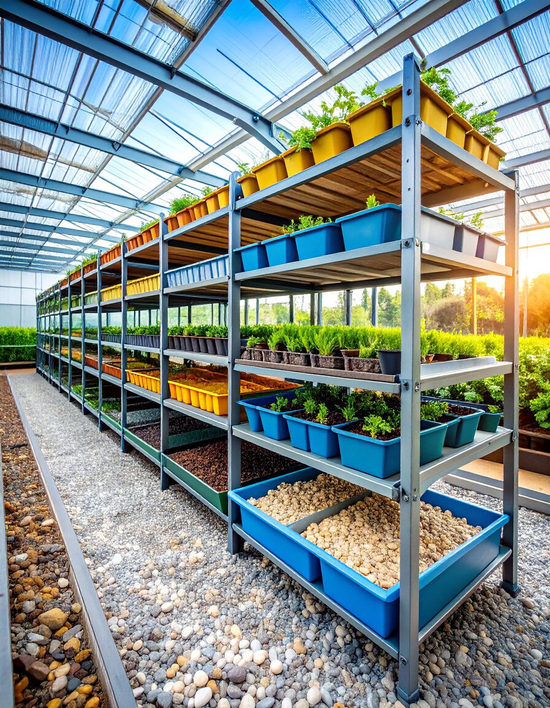 Greenhouse Shelving with Gravel Tray Drainage Systems - 25 Greenhouse Shelving Ideas