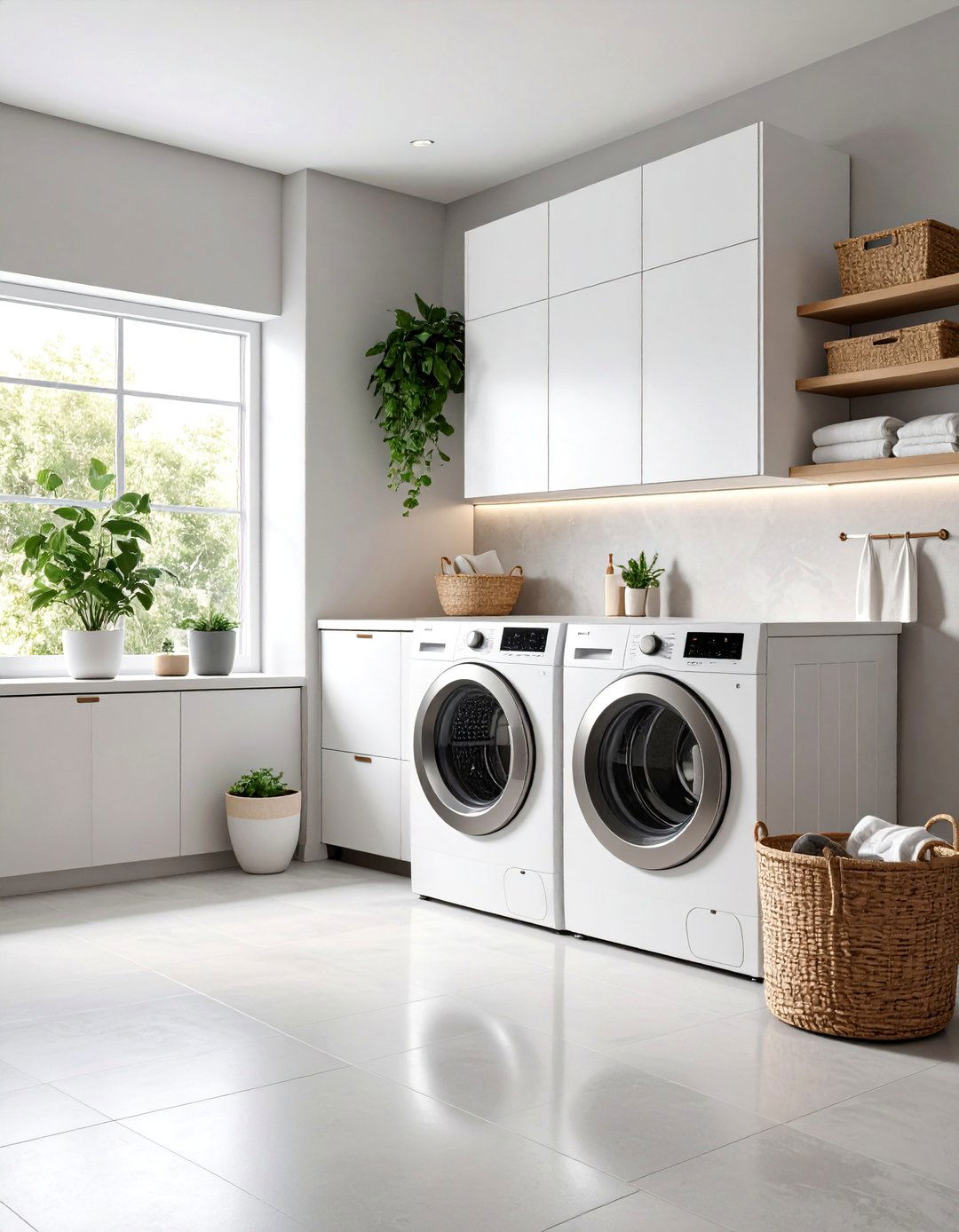 Greige Laundry Room with Stainless Steel Details - 25 Laundry Room Paint Ideas