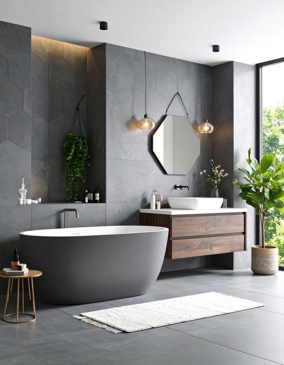 Greige Modern Bathroom with Geometric Tiles - 25 Neutral Bathroom Ideas