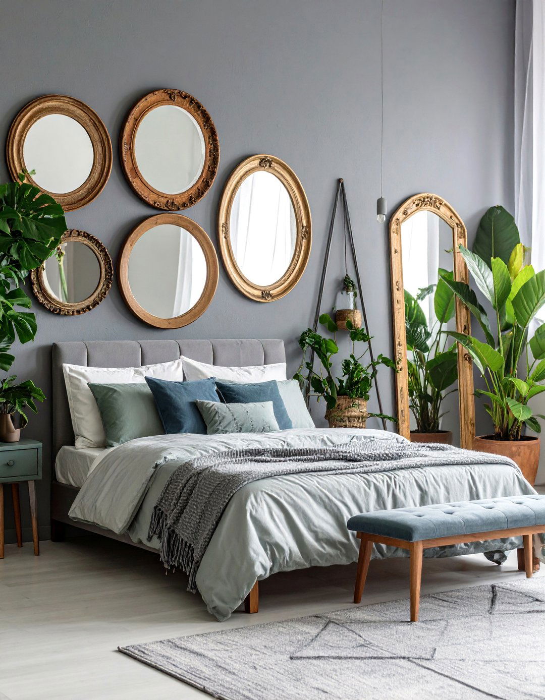Grey Boho Bedroom with Antique Mirror Collection - 25 Grey Boho Bedroom Ideas
