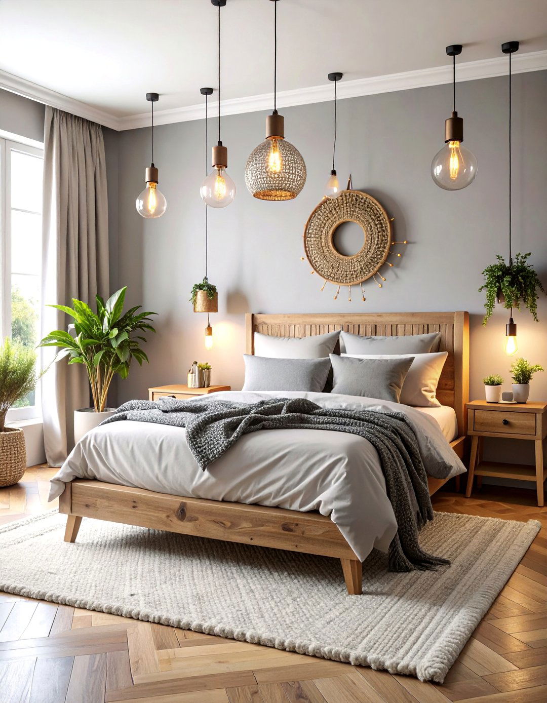 Grey Boho Bedroom with Edison Bulb Lighting - 25 Grey Boho Bedroom Ideas