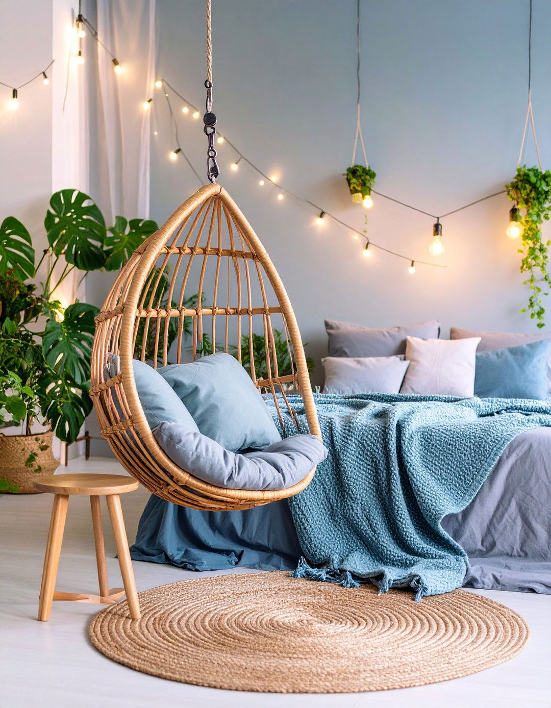 Grey Boho Bedroom with Hanging Chair Reading Nook - 25 Grey Boho Bedroom Ideas