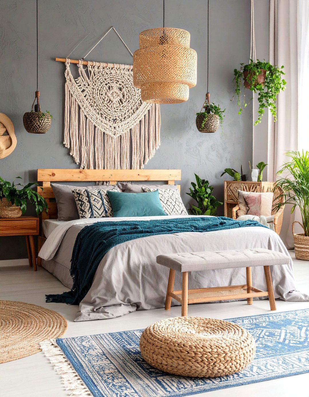 Grey Boho Bedroom with Natural Fiber Wall Art - 25 Grey Boho Bedroom Ideas