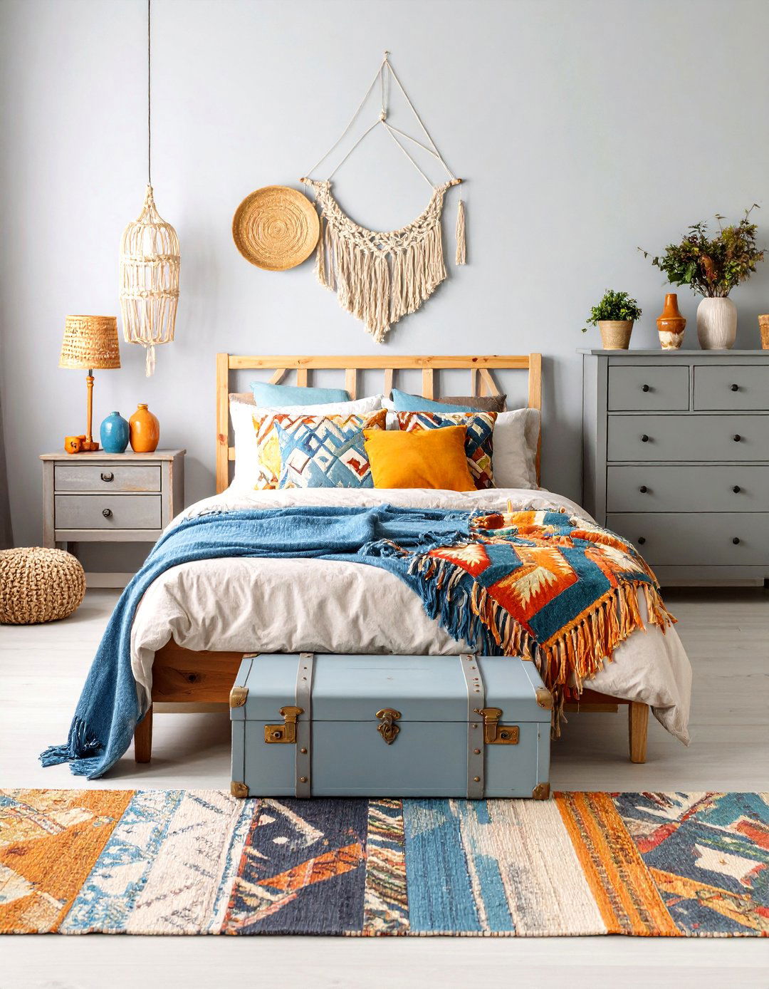Grey Boho Bedroom with Vintage Trunk Storage - 25 Grey Boho Bedroom Ideas