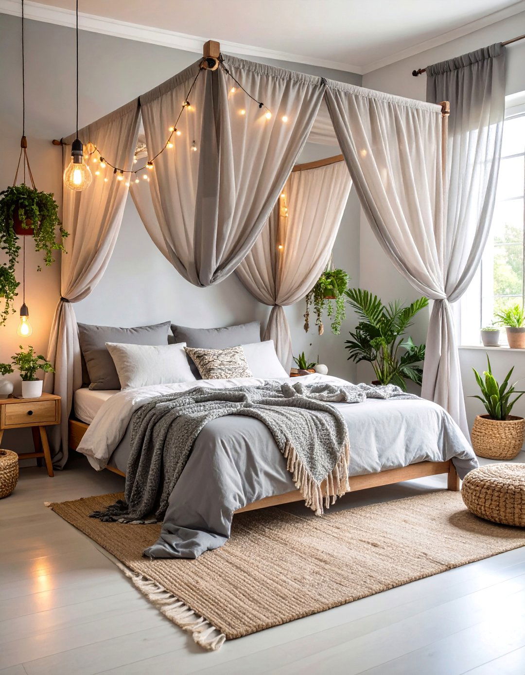 Grey Boho Canopy Bedroom with Flowing Fabrics - 25 Grey Boho Bedroom Ideas