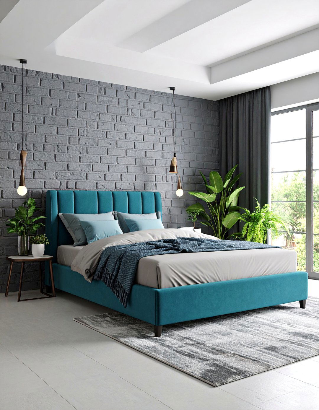 Grey Brick Accent Wall with Teal Modern Furniture - 25 Teal and Grey Bedroom Ideas