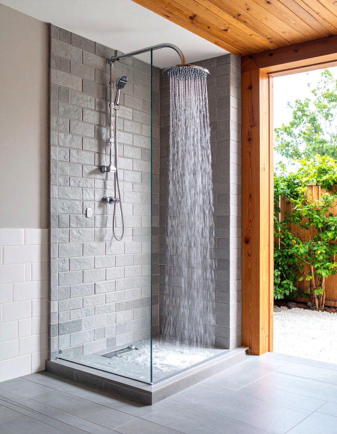 Grey Brick Pattern Accent Shower - 25 Grey Tile Bathroom Ideas