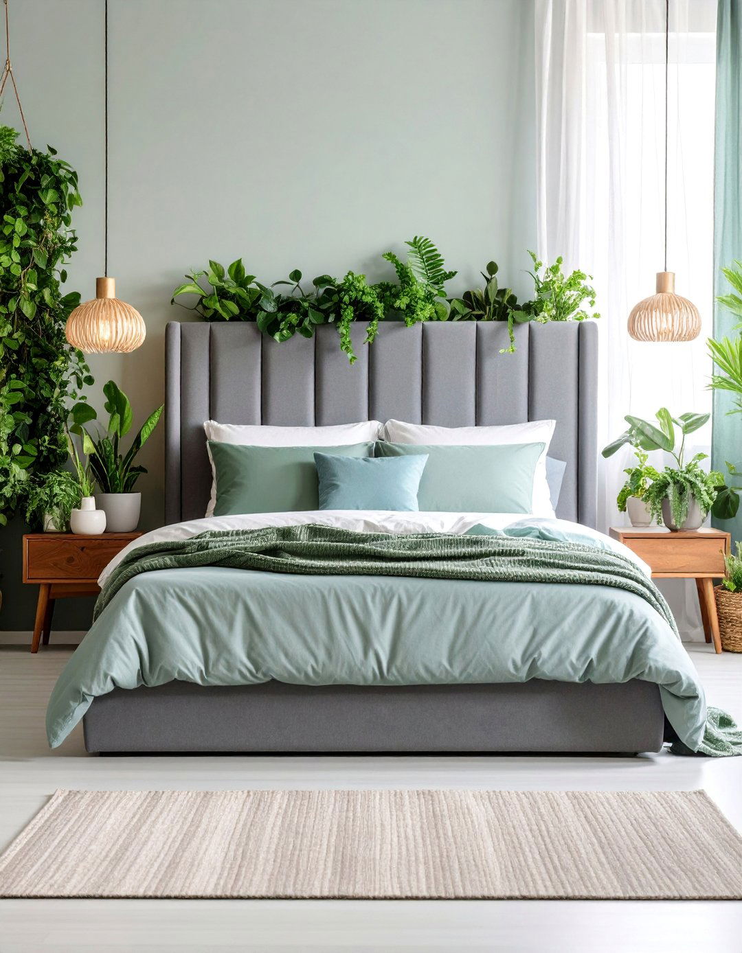 Grey Fabric Headboard with Green and White Fresh Garden Theme - 25 Grey Headboard Bedroom Ideas